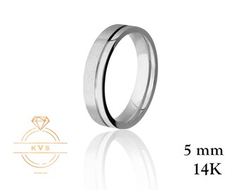 14K vitguld 5 mm platt vigselring med mittavskärning - Comfort Fit - Matt borstad massiv guldring - Dam- och herrvigselring Gratis gravyr