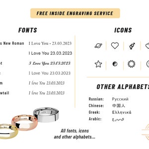 May include: A graphic displaying various font styles and icons that can be engraved on rings. The text includes "I Love You" in different fonts and dates. The icons include a heart, a star, a sun, a yin yang symbol, and a smiley face. The image also shows examples of rings with different engravings.