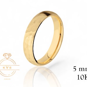 10K Yellow Gold 5mm LOW DOME Wedding Band Ring - Comfort Fit - HAMMERED Finish Solid Gold Ring -  Womens Mens Wedding Band - Free Engraving