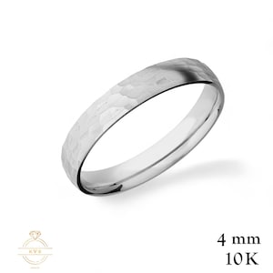 10K White Gold 4mm LOW DOME Wedding Band Ring - HAMMERED - Comfort Fit - Solid Gold Ring -  Womens Mens Wedding Band - Free Engraving