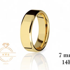 14K Yellow Gold 7mm BEVELED EDGE Wedding Band Ring - Comfort Fit - POLISHED - Solid Gold Ring -  Womens Mens Wedding Band - Free Engraving