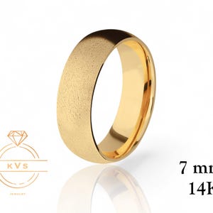 14K Yellow Gold LOW DOME 7mm Wedding Band Ring - Comfort Fit - MATTE Brushed - Solid Gold Ring -  Womens Mens Wedding Band - Free Engraving
