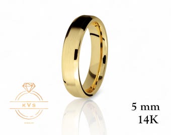 14K Yellow Gold 5mm BEVELED EDGE Wedding Band Ring - Comfort Fit - MATTE Brushed - Solid Gold Ring Womens Mens Wedding Band - Free Engraving