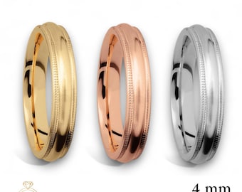 May include: Three wedding bands in gold, rose gold, and silver. Each ring has a 4 mm width and a beaded edge design. The rings are 10K gold.