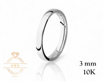 10K White Gold 3mm LOW DOME Wedding Band Ring - Comfort Fit - High Polished -Solid Gold Ring -  Womens Mens Wedding Band - Free Engraving