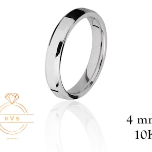 10K White Gold 4mm BEVELED EDGE Wedding Band Ring - Comfort Fit- Polished -Solid Gold Ring -  Womens Mens Wedding Band - Free Engraving