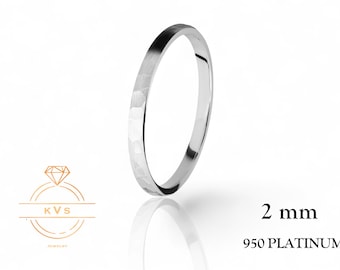 Anillo de bodas de platino macizo 950 de 2 mm con cúpula baja - Ajuste cómodo - Martillado - Anillo de platino - Alianza de bodas para hombre y mujer - Grabado gratuito