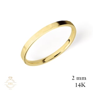 14K Yellow Gold 2mm FLAT Wedding Band Ring HAMMERED - Comfort Fit - Solid Gold Ring - Womens Mens Wedding Band - Free Engraving