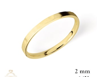 14K Yellow Gold 2mm FLAT Wedding Band Ring HAMMERED - Comfort Fit - Solid Gold Ring - Womens Mens Wedding Band - Free Engraving