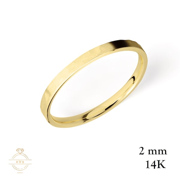 14K Yellow Gold 2mm FLAT Wedding Band Ring HAMMERED - Comfort Fit - Solid Gold Ring - Womens Mens Wedding Band - Free Engraving