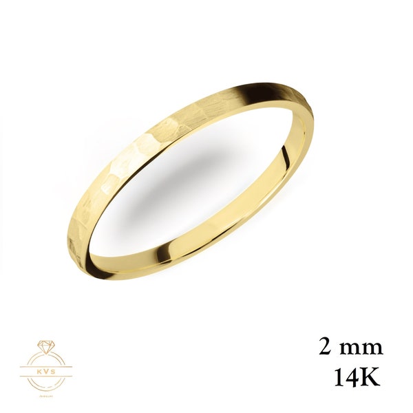 14K Yellow Gold 2mm Low DOME Wedding Band Ring HAMMERED - Comfort Fit - Solid Gold Ring - Womens Mens Wedding Band - Free Engraving