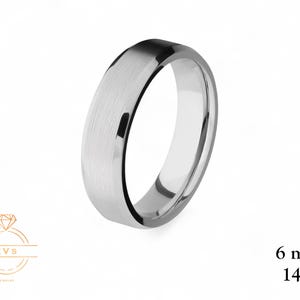 14K White Gold 6mm BEVELED EDGE Wedding Band Ring - Comfort Fit - Matte Brushed Solid Gold Ring -  Womens Mens Wedding Band - Free Engraving