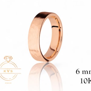 10K Pink Gold 6mm FLAT Wedding Band Ring - Comfort Fit - Hammered -Solid Gold Ring -  Womens Mens Wedding Band - Free Engraving