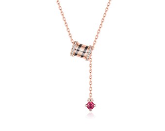 KB Silver Lucky Roller Small Waist with Love Necklace 925 Pink Gold Plated Necklace 18 inch Cable Chain Clip w/ Box