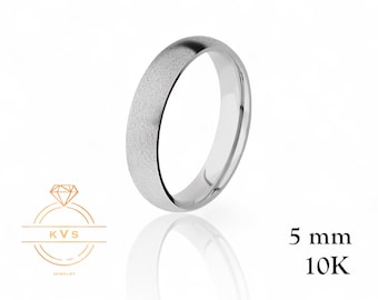 10K White Gold 5mm LOW DOME Wedding Band Ring - Comfort Fit - MATTE Brushed - Solid Gold Ring -  Womens Mens Wedding Band - Free Engraving