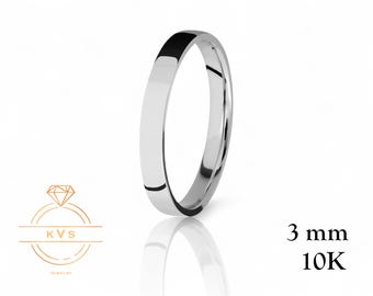 10K White Gold 3mm FLAT Wedding Band Ring - Comfort Fit - Polished Finish - Solid Gold Ring -  Womens Mens Wedding Band - Free Engraving