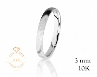 10K White Gold 3mm Low Dome Wedding Band Ring - Comfort Fit - HAMMERED - Solid Gold Ring -  Womens Mens Wedding Band - Free Engraving