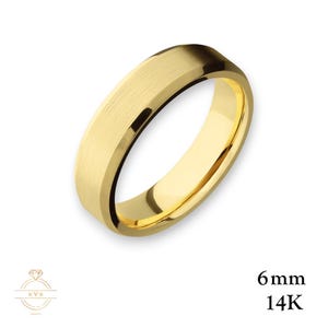 14K Yellow Gold 6 mm BEVELED EDGE Wedding Band Ring MATTE Brushed - Comfort Fit - Solid Gold Ring - Womens Mens Wedding Band Free Engraving