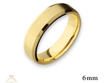 May include: A 6mm wide, 14K gold wedding band with a brushed finish.
