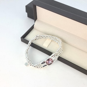Pulsera The Bossy, dos tiras de cuentas, tubos cortos fundidos, cristal rosa, pulsera de cadena gruesa, pulsera de cadena pesada Pulsera Uno de 50