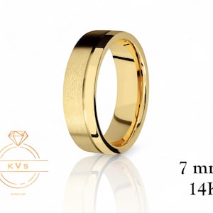 14K Yellow Gold 7mm FLAT Center Grooved Wedding Band Ring - Comfort Fit - MATTE Brushed - Solid Gold Womens Mens Wedding Band Free Engraving
