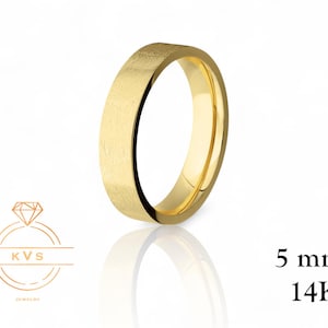 14K Yellow Gold 5mm FLAT Wedding Band Ring - Comfort Fit - ICE MATTE Finish - Solid Gold Ring -  Womens Mens Wedding Band - Free Engraving