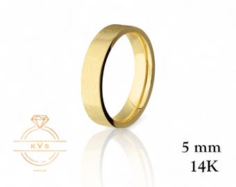 May include: A gold-colored ring with a brushed finish. The ring is 5 mm wide and made of 14K gold. The ring is displayed on a white background with a reflection.