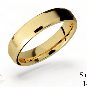 14K Yellow Gold 5 mm BEVELED EDGE Wedding Band Ring MATTE Brushed - Comfort Fit - Solid Gold Ring  Womens Mens Wedding Band - Free Engraving