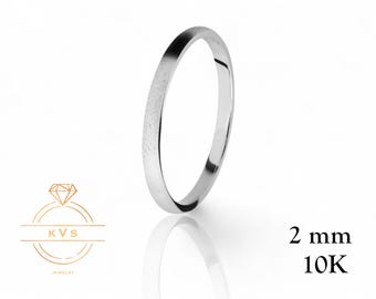 10K White Gold 2mm LOW DOME Wedding Band Ring - Comfort Fit - MATTE Brushed - Solid Gold Ring -  Womens Mens Wedding Band - Free Engraving