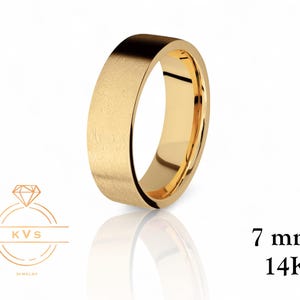 14K Yellow Gold 7mm FLAT Wedding Band Ring - Comfort Fit - ICE MATTE Finish - Solid Gold Ring -  Womens Mens Wedding Band - Free Engraving