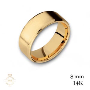 14K Yellow Gold 8 mm BEVELED EDGE Wedding Band Ring MATTE Brushed - Comfort Fit - Solid Gold Ring - Womens Mens Wedding Band Free Engraving
