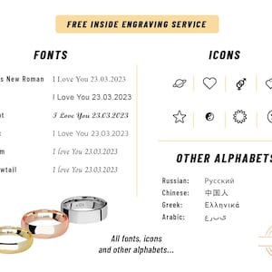 Op de afbeelding: Afbeelding met graveeropties voor ringen, met lettertypen zoals Times New Roman en Arial, en iconen zoals harten en sterren. De afbeelding toont ook gegraveerde ringen in goud, ros&eacute;goud en zilver.