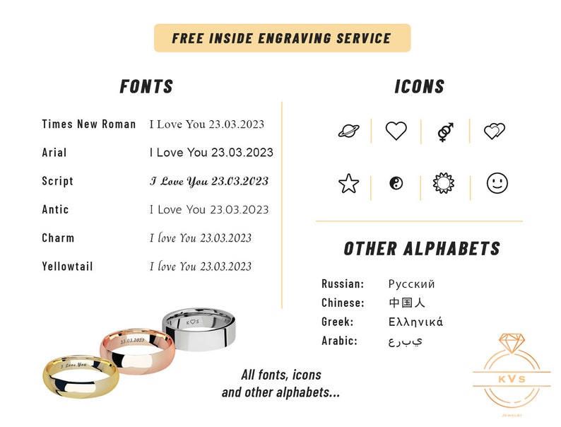 Op de afbeelding: Afbeelding met graveeropties voor ringen, met lettertypen zoals Times New Roman en Arial, en iconen zoals harten en sterren. De afbeelding toont ook gegraveerde ringen in goud, ros&eacute;goud en zilver.
