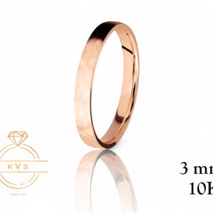 10K Pink Gold 3mm FLAT Wedding Band Ring - Comfort Fit - Hammered -Solid Gold Ring -  Womens Mens Wedding Band - Free Engraving