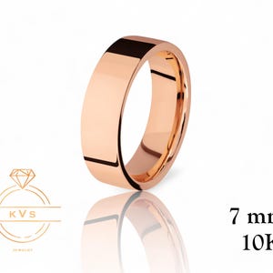 10K Pink Gold 7mm FLAT Wedding Band Ring - Comfort Fit - High Polished -Solid Gold Ring -  Womens Mens Wedding Band - Free Engraving