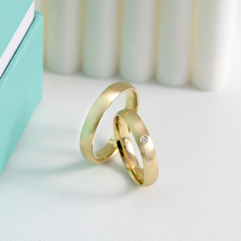 Promise Ring Set 10K,14K,18K Yellow Gold Couple Ring - 4mm LOW DOME Wedding Band Ring - SATIN - 0.2 Ct Diamond Comfort Fit Solid Gold Ring