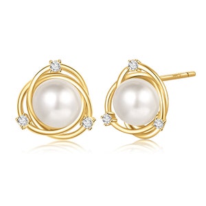 Freshwater Button Round Pearl Minimalist Heart Earrings Yellow Gold Pearl Overlapping Halo Stud Earrings for Women and Girl Birthday