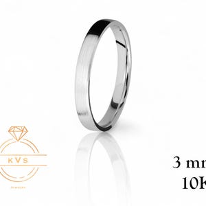 10K White Gold 3mm FLAT Wedding Band Ring - Comfort Fit - MATTE BRUSHED Finish -Solid Gold Ring -  Womens Mens Wedding Band - Free Engraving