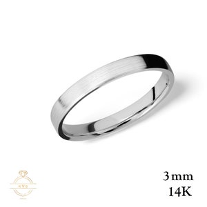 14K White Gold 3mm FLAT Wedding Band Ring MATTE Brushed - Comfort Fit - Solid Gold Ring -  Womens Mens Wedding Band - Free Engraving