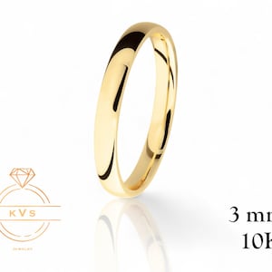 10K Yellow Gold 3mm Low Dome Wedding Band Ring - Comfort Fit - Polished -Solid Gold Ring -  Womens Mens Wedding Band - Free Engraving