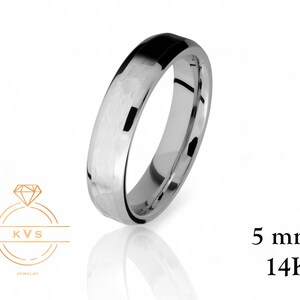 14K White Gold 5mm Beveled Edge Wedding Band Ring - Comfort Fit - HAMMERED - Solid Gold Ring -  Womens Mens Wedding Band - Free Engraving