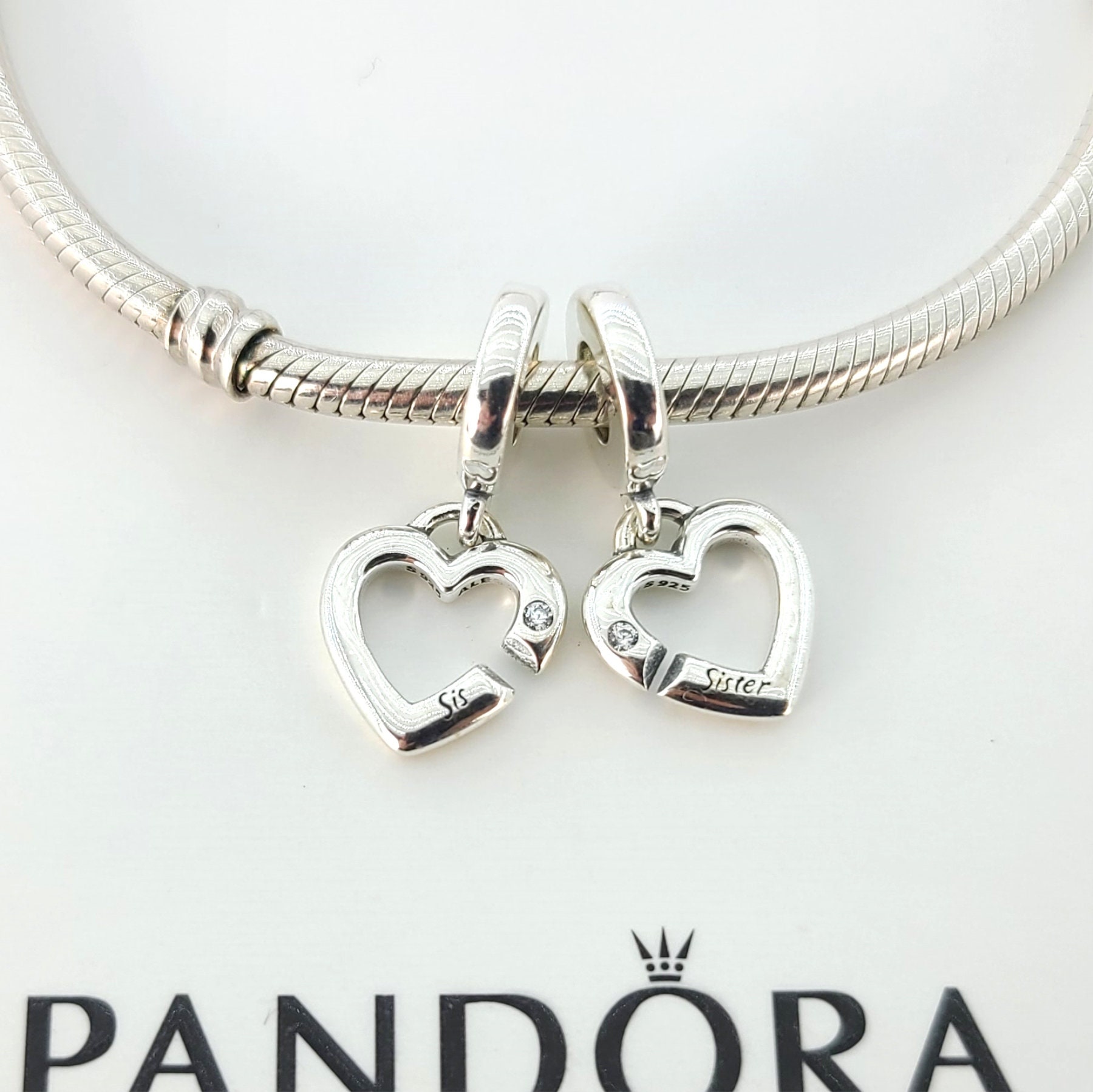 New Pandora Sterling Silver Linked Sister Hearts Split Dangle