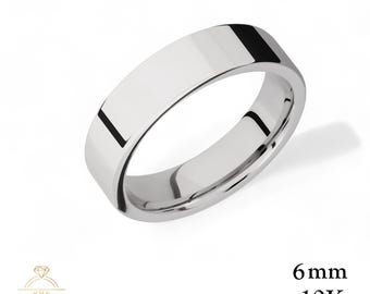 10K White Gold 6mm FLAT Wedding Band Ring - Comfort Fit - POLISHED - Solid Gold Ring -  Womens Mens Wedding Band - Free Engraving