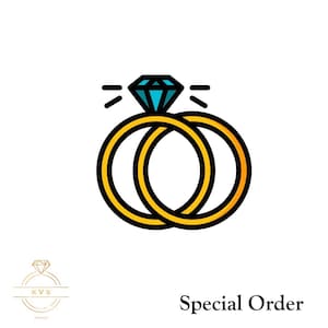 May include: Illustration of two gold wedding rings, one with a blue gemstone. The rings are interlocked, with black outlines. The text "Special Order" is below the rings.