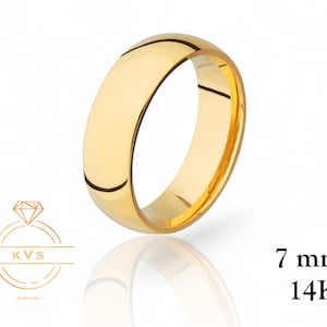 14K Yellow Gold Low Dome 7mm Wedding Band Ring - Comfort Fit - High Polished - Solid Gold Ring -  Womens Mens Wedding Band - Free Engraving