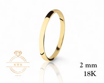 18K Yellow Gold Low Dome 2mm Wedding Band Ring - Comfort Fit - Polished - Solid Gold Ring -  Womens Mens Wedding Band - Free Engraving