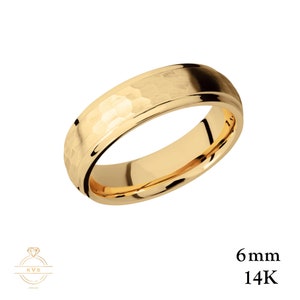 14K Yellow Gold 6mm • BEVELED EDGE • HAMMERED Dome Wedding Band Ring - Comfort Fit Polished - Solid Gold - Mens Wedding Band Free Engraving
