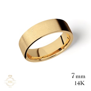 14K Yellow Gold 7mm FLAT Wedding Band Ring ICE MATTE - Comfort Fit - Solid Gold Ring - Womens Mens Wedding Band - Free Engraving
