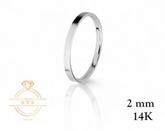 14K Weißgold 2 mm flacher Ehering Ring - Comfort Fit - Matt gebürstetes Finish - Massivgoldring - Damen Herren Ehering - Kostenlose Gravur