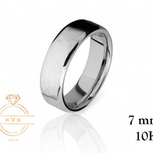 10K White Gold 7mm BEVELED EDGE Wedding Band Ring - Comfort Fit- Hammered - Solid Gold Ring -  Womens Mens Wedding Band - Free Engraving